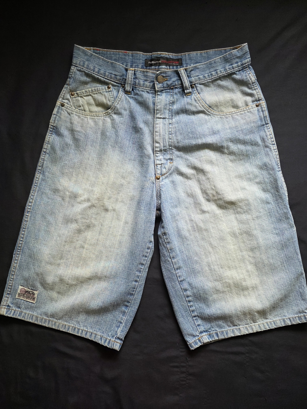 FUBU Mens Y2K Vintage Light Wash Denim Carpenter Shorts Baggy Bermuda Long Jorts - Picture 2 of 9